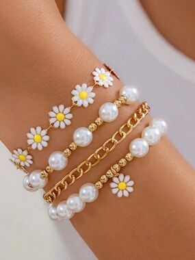 Flower & Faux Pearl Bracelets 4 Pieces / set‎ Bohemian Style Sunflower
